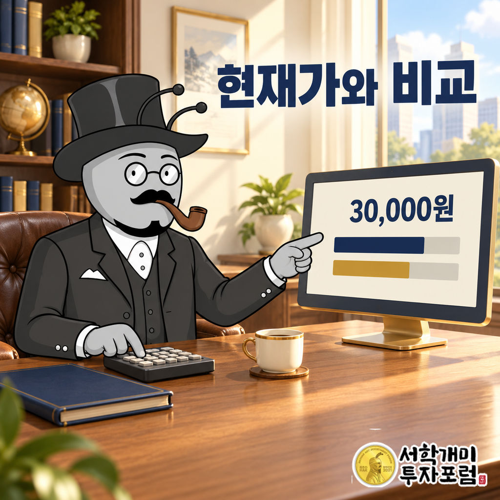 부자개미가 밝은 실내 책상에서 계산기를 누르며 모니터의 적정주가 30,000원과 비교 막대를 가리키는 장면