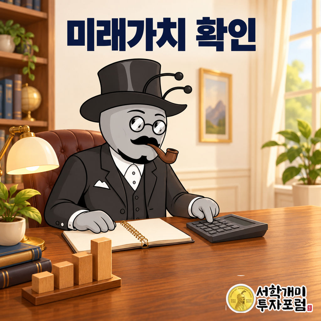 부자개미가 밝은 실내 원목 책상에서 월 납입 계획을 적은 노트와 계산기로 미래가치를 확인하는 장면