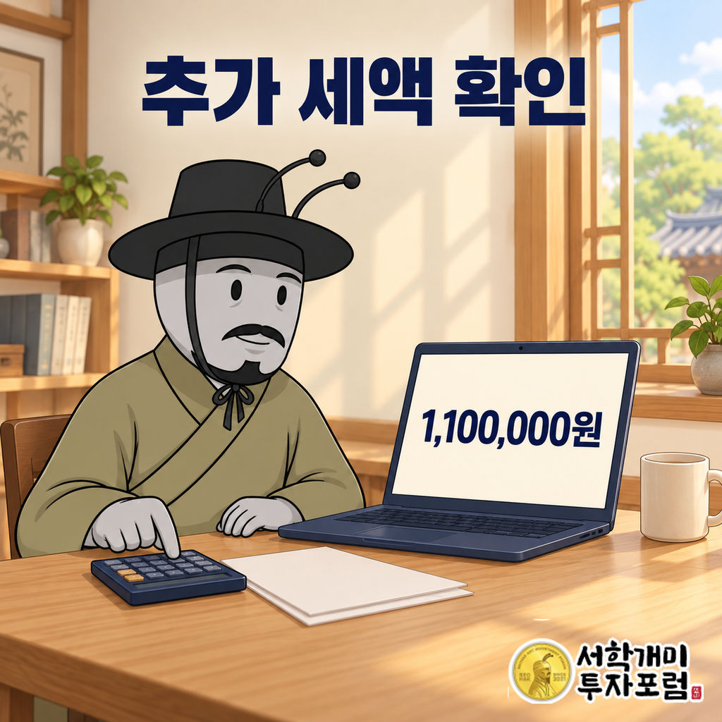 양반개미가 밝은 실내 책상에서 계산기를 누르며 노트북에 표시된 추가 세액 예시를 확인하는 장면