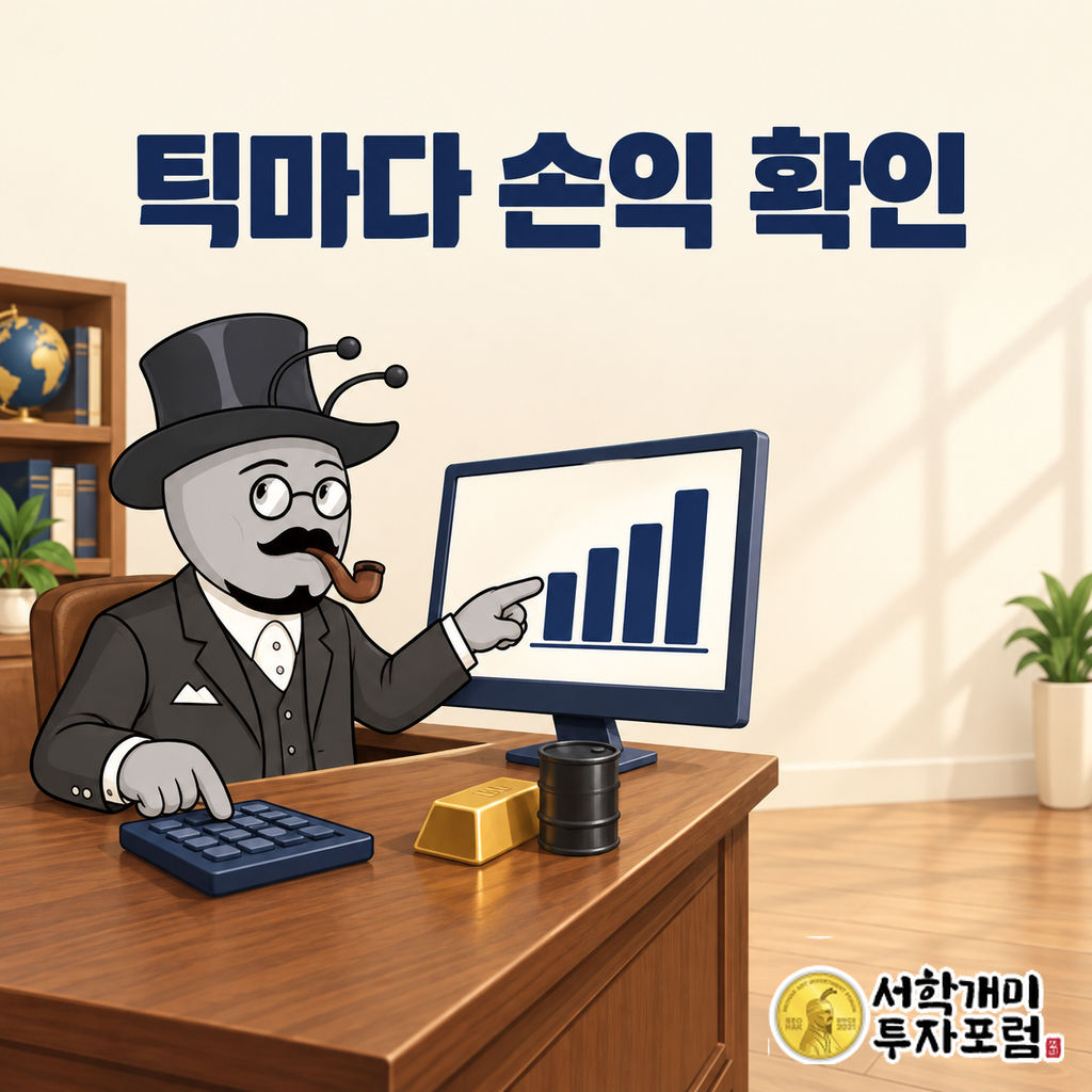 부자개미가 원목 책상에서 선물 가격 변화 차트를 가리키며 계산기로 틱당 손익을 확인하는 장면