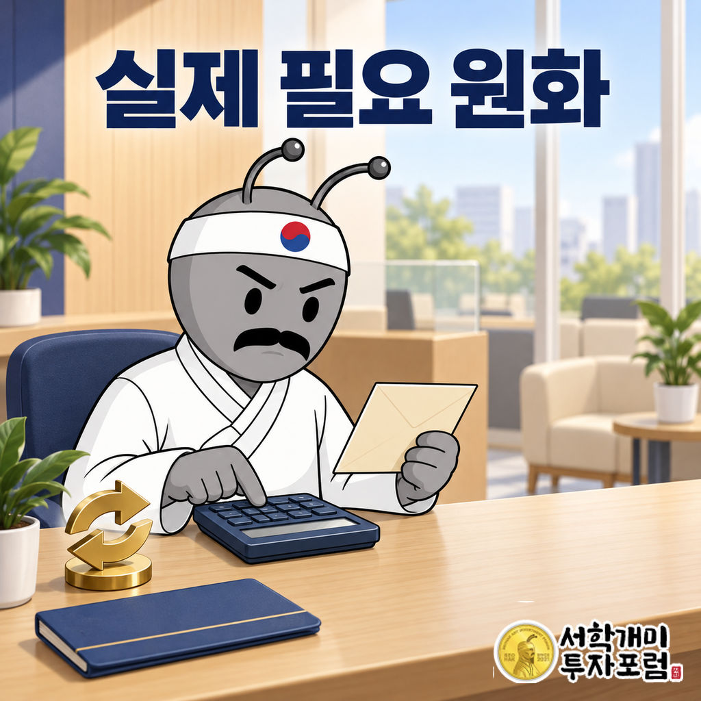 흰 한복을 입은 동학개미가 밝은 은행 상담석에서 봉투를 들고 계산기로 환전에 필요한 원화를 확인하는 장면