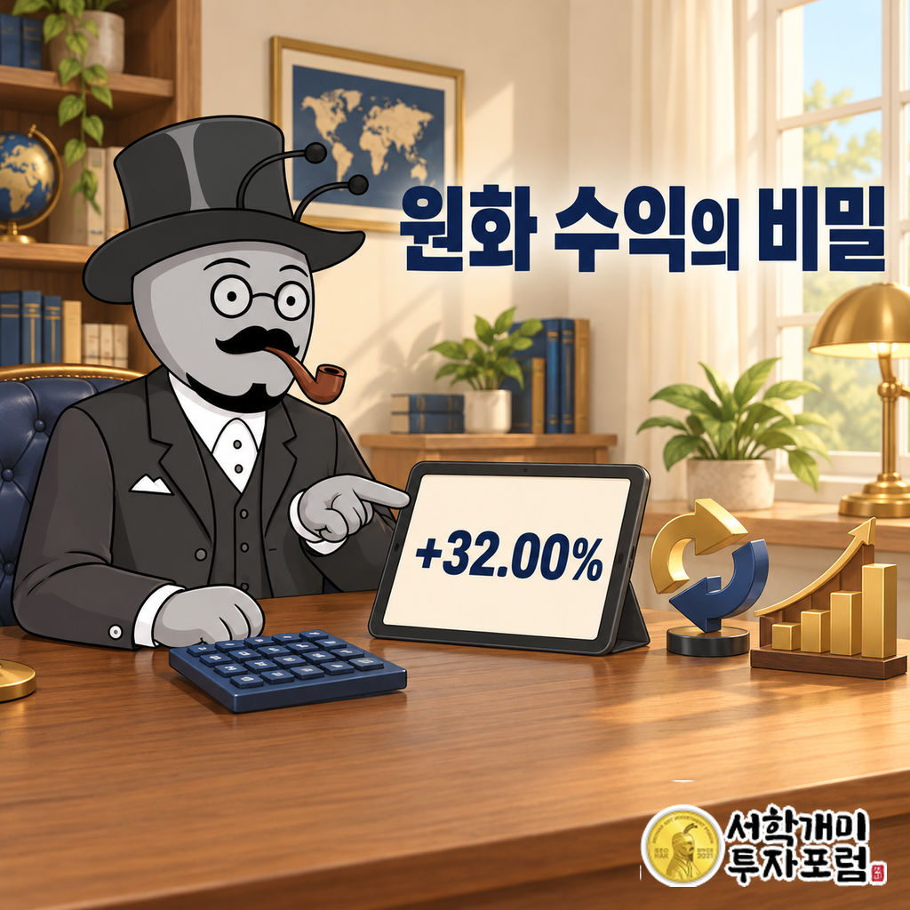 부자개미가 밝은 서재에서 태블릿의 원화 수익률을 가리키며 주가와 환율 변화율을 확인하는 장면
