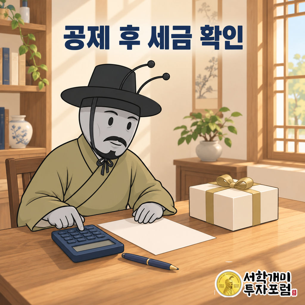양반개미가 따뜻한 실내 책상에서 자녀에게 줄 선물 상자를 옆에 두고 계산기로 증여세를 확인하는 장면