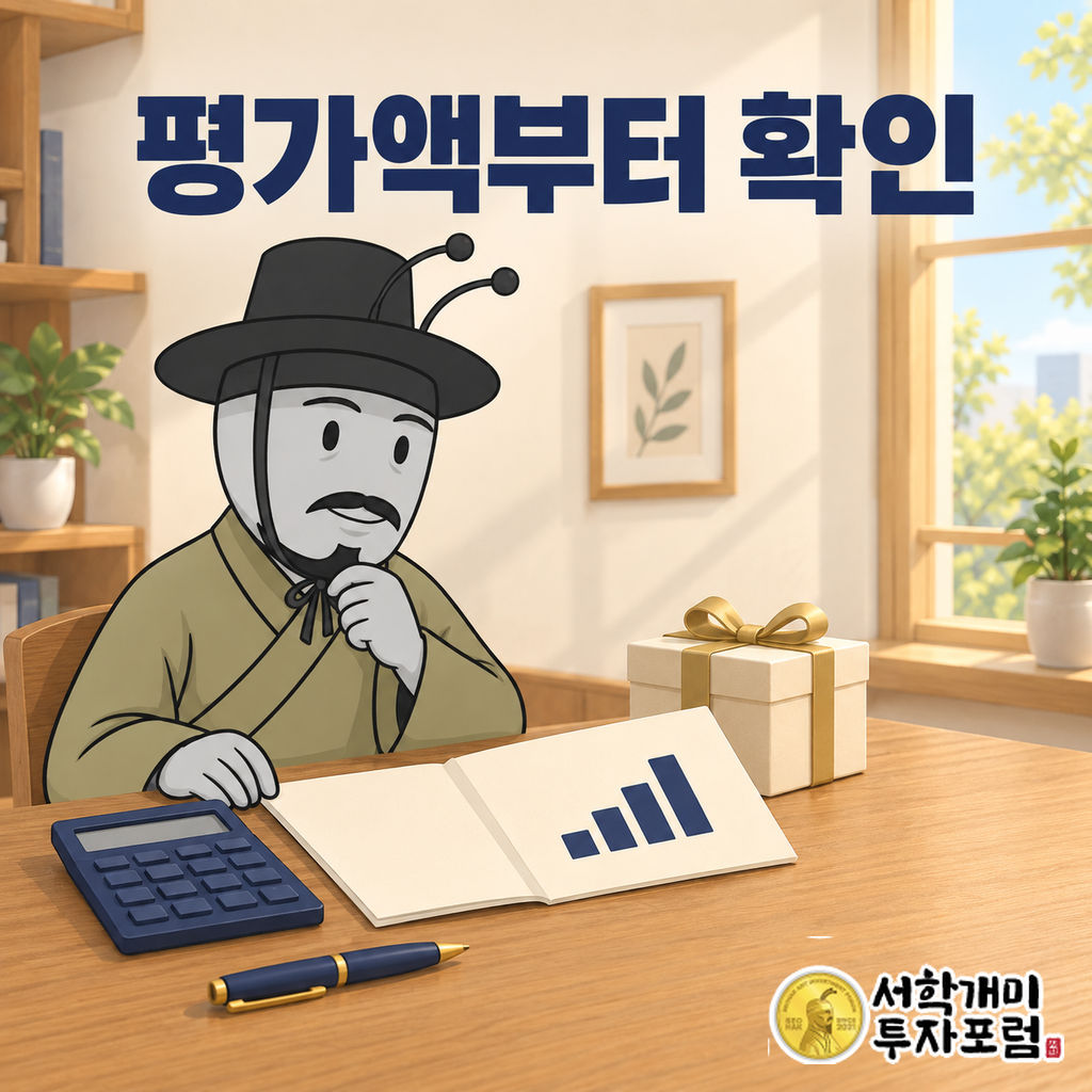 양반개미가 밝은 실내에서 계산기와 서류, 선물 상자를 앞에 두고 해외주식 증여 평가액을 확인하는 장면.