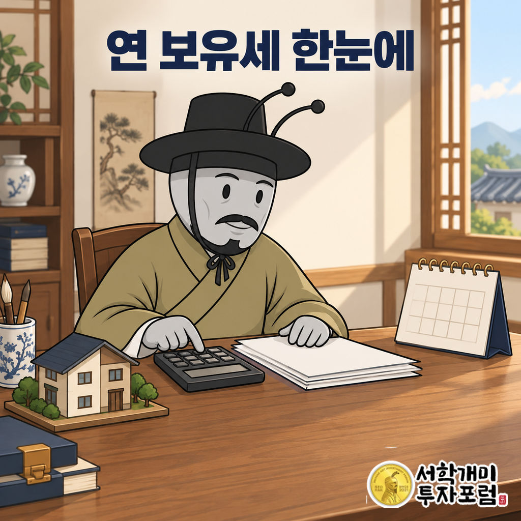 양반개미가 밝은 실내 책상에서 집 모형과 달력을 옆에 두고 계산기와 세금 서류로 연간 보유세를 확인하는 장면