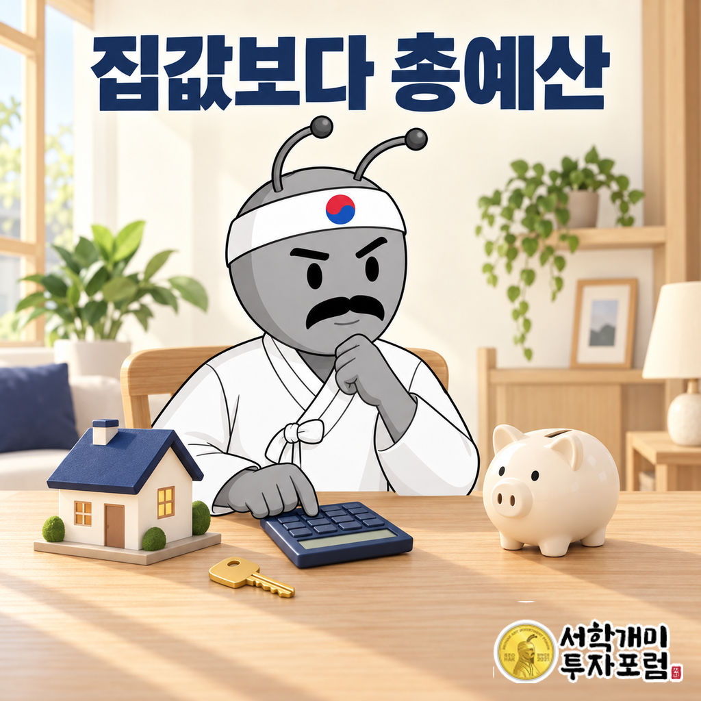 흰 한복을 입은 동학개미가 밝은 실내에서 집 모형과 저금통, 열쇠를 놓고 계산기로 내집마련 예산을 확인하는 장면