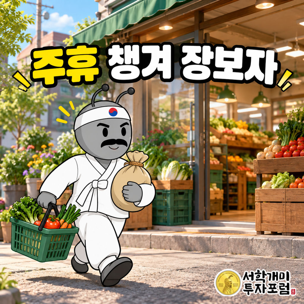 주휴수당을 챙긴 동학개미가 급여 자루를 안고 채소 바구니를 든 채 동네 식료품점 앞을 걷는 장면