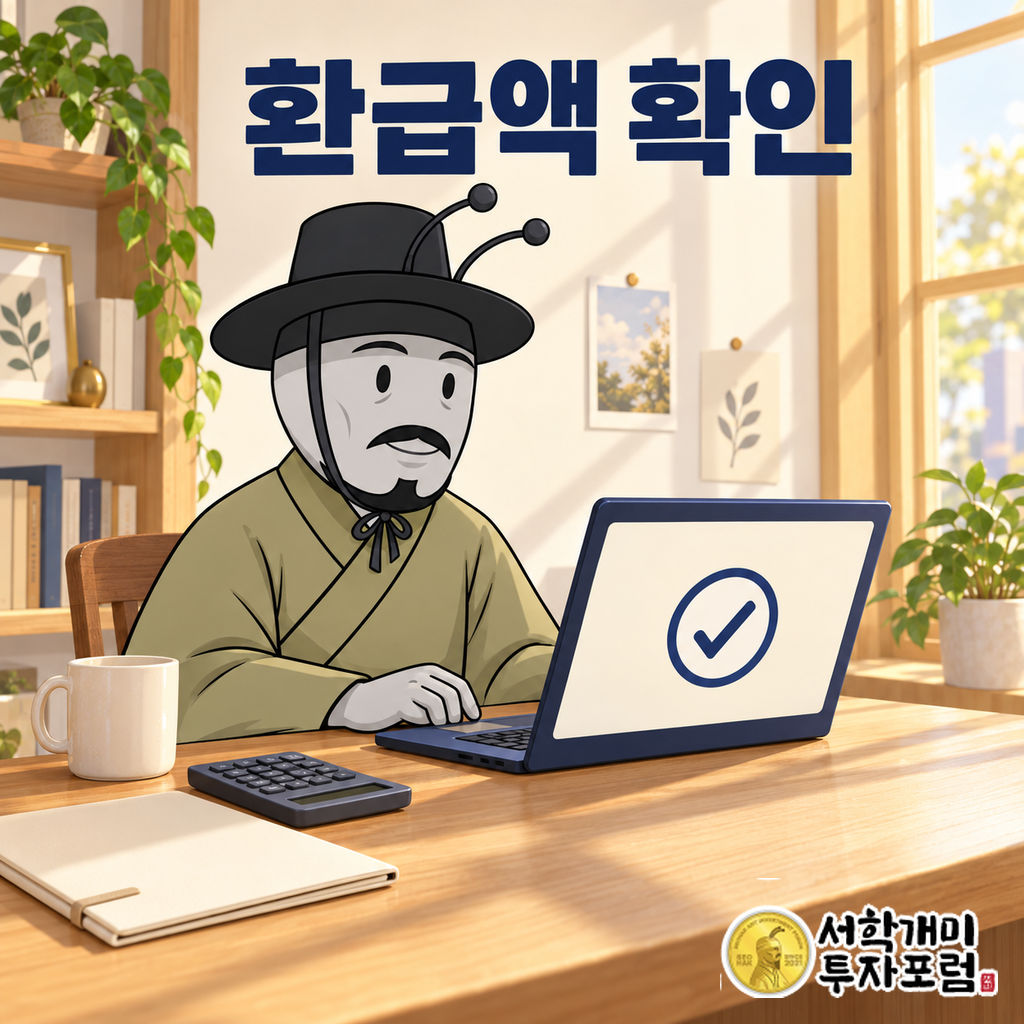 양반개미가 밝은 실내 책상에서 노트북과 계산기를 보며 종합소득세 예상 환급 결과를 확인하는 장면