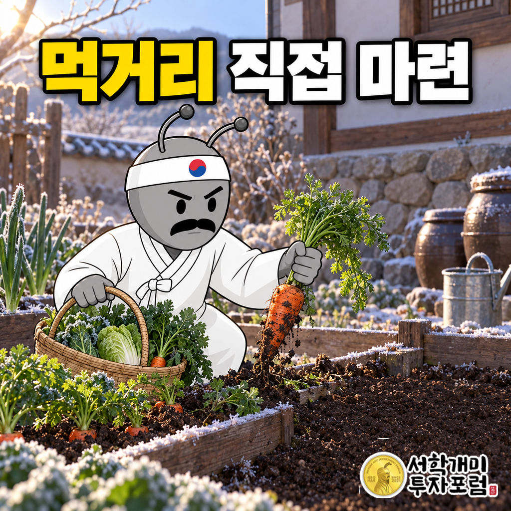 동학개미가 겨울 아침 집 앞 텃밭에서 당근을 수확하고 채소 바구니를 채우는 장면.