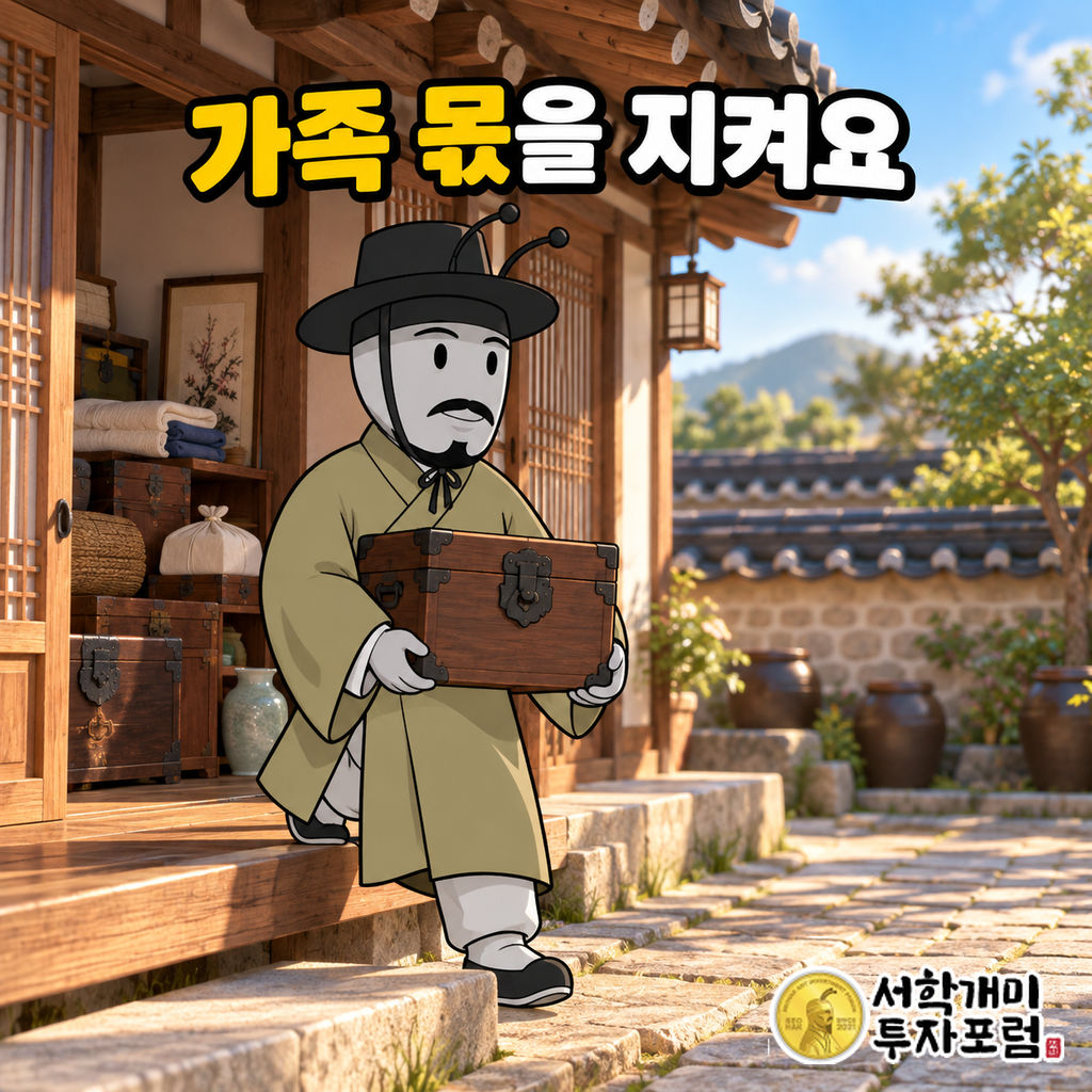 양반개미가 아침 햇살이 비치는 가족 집 마당에서 남겨진 재산 상자를 두 손으로 들고 옮기는 장면