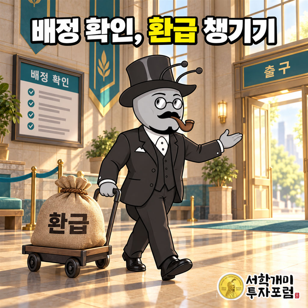 서학개미가 실내에서 배정 결과를 확인한 뒤 환급 자루를 실은 수레를 끌고 출구로 이동하는 장면
