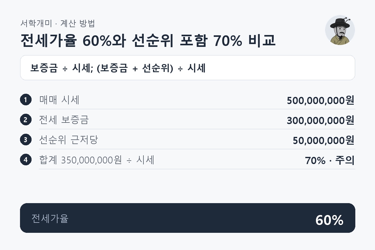 시세 5억원에 보증금 3억원을 나누면 전세가율 60%이고 선순위 5천만원을 더하면 70%로 주의 구간이 되는 과정