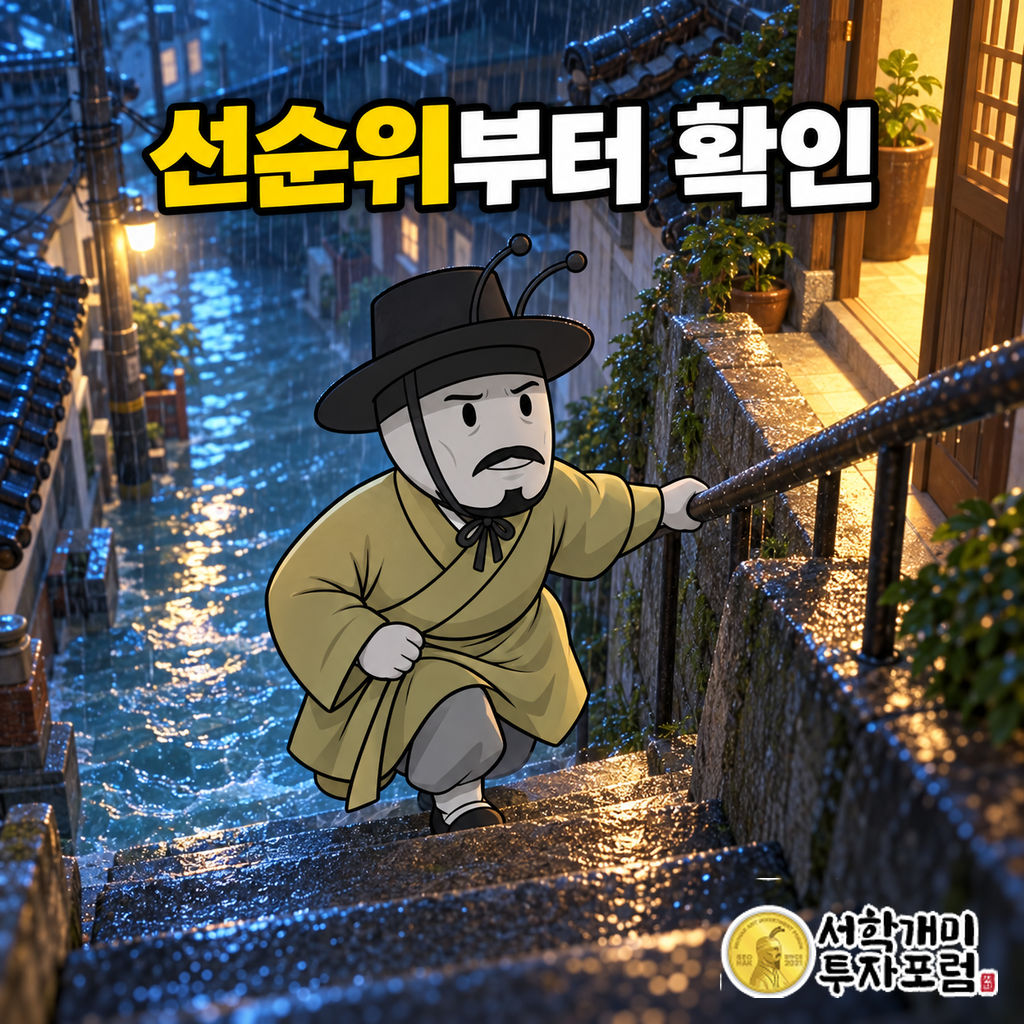 양반개미가 빗물이 차오른 주택 골목에서 난간을 잡고 높은 계단으로 올라가는 장면