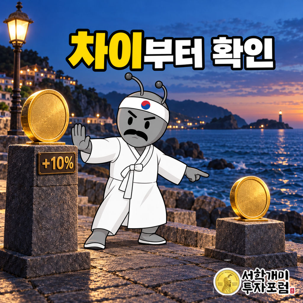 해안 산책로에서 동학개미가 높은 가격의 코인 앞에 손바닥을 펴고 낮은 가격의 같은 코인을 가리키는 장면