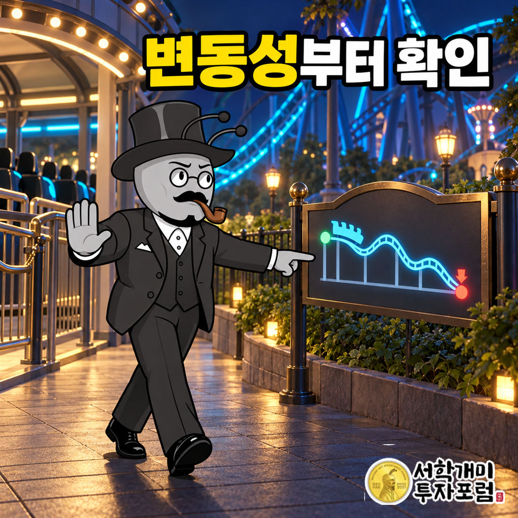 서학개미가 놀이공원 하차 통로에서 출발점보다 낮아진 레일 안내도를 가리키며 다음 탑승을 멈추는 장면