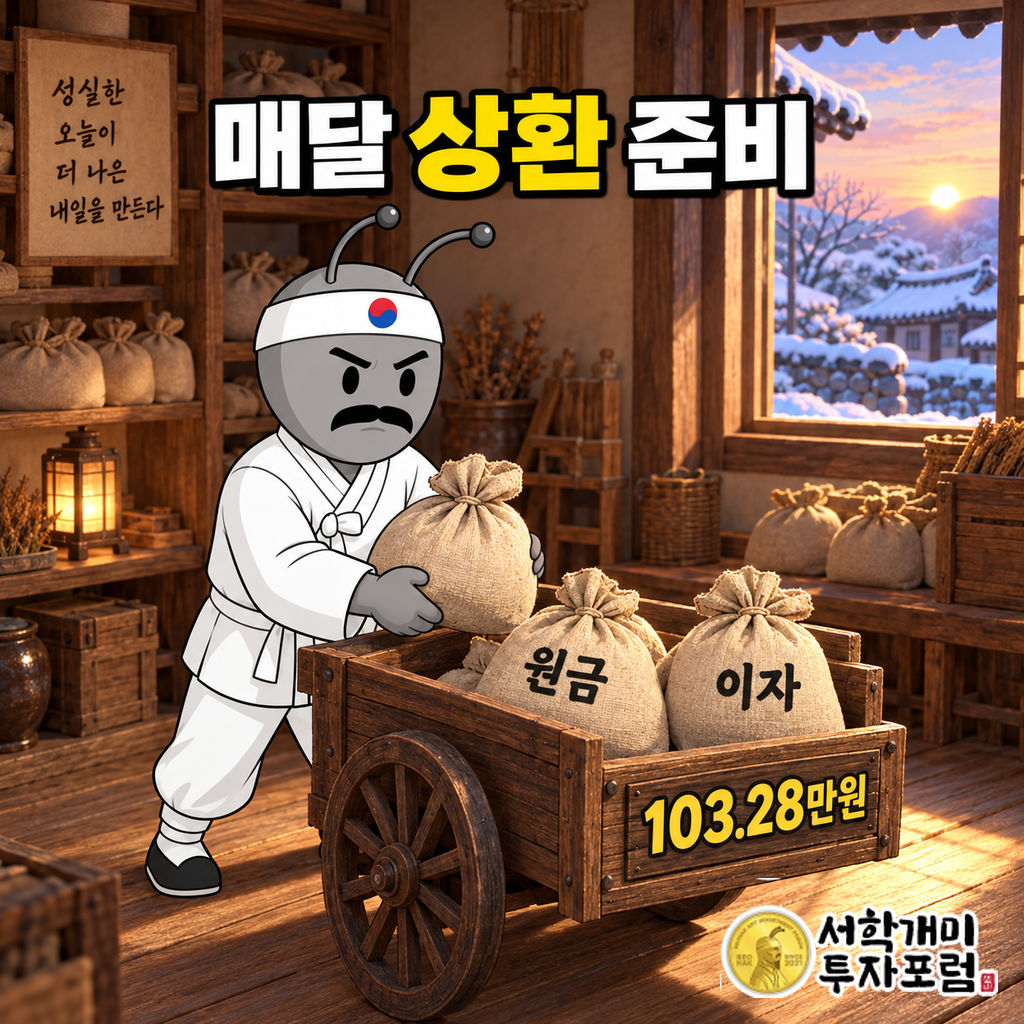 동학개미가 눈 오는 새벽의 실내 배송 준비 공간에서 원금과 이자 짐을 수레에 나누어 싣고 있다.