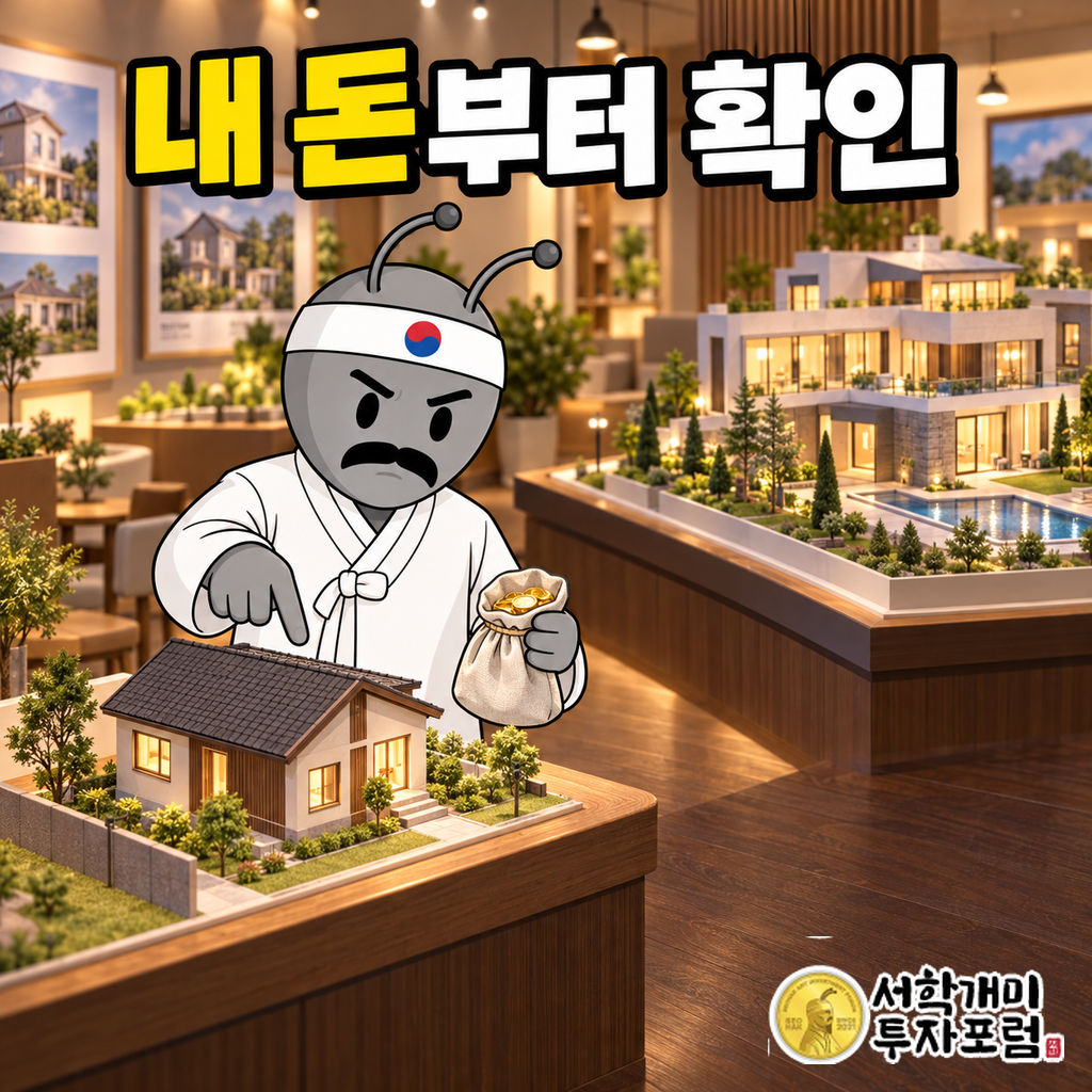동학개미가 주택 모형 전시장에서 자신의 돈주머니를 들고 작은 집 모형을 가리키며 선택하는 장면