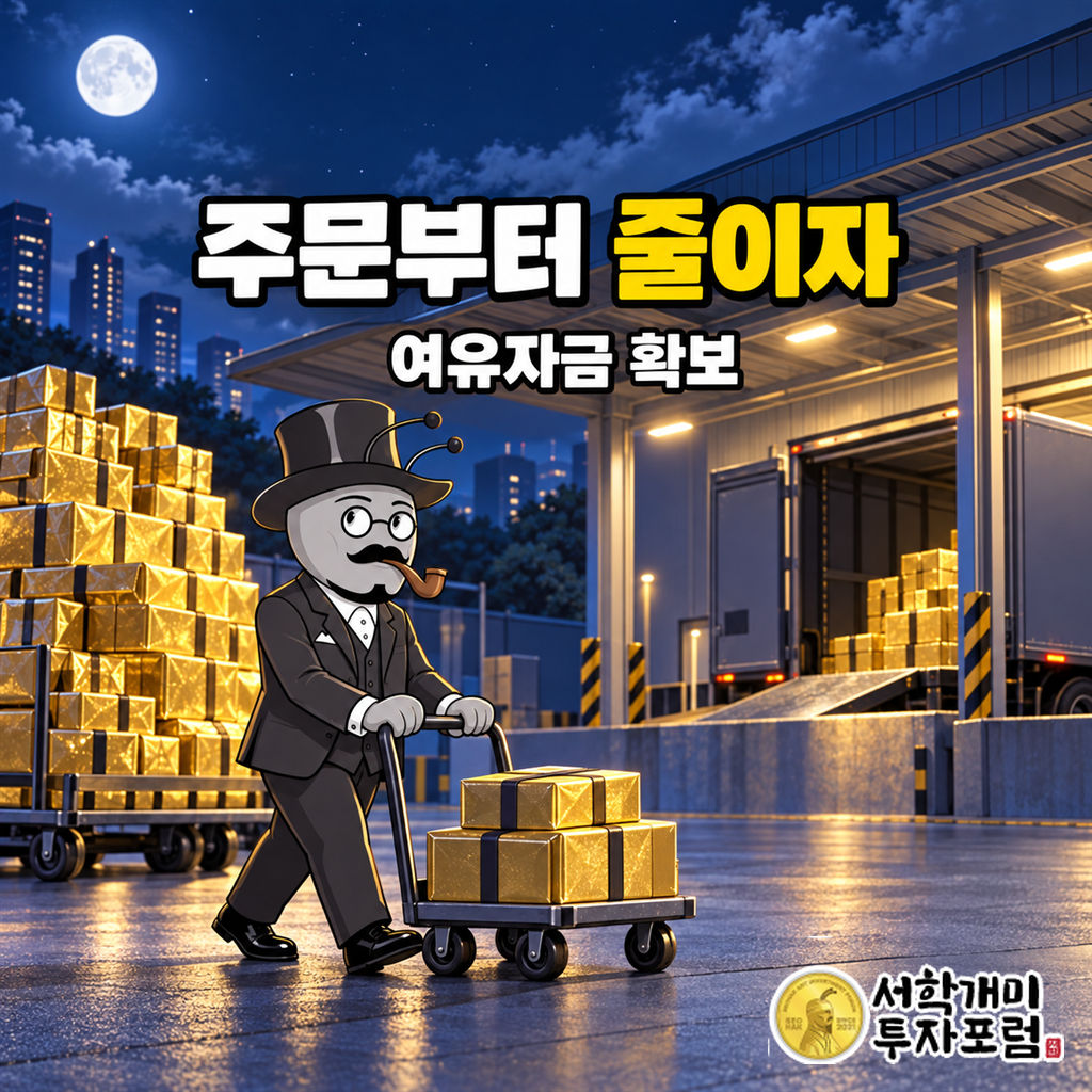 밤의 금 주문 출고장에서 부자개미가 큰 수레를 남겨두고 작은 금 꾸러미 수레를 밀며 주문 규모를 줄이는 장면.