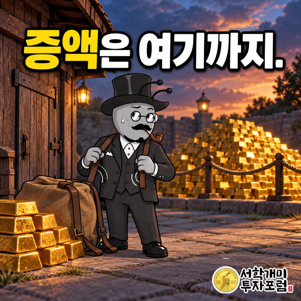 노을 진 창고 앞에서 서학개미가 골드 짐을 내려놓고 어깨끈을 풀며 추가 증액을 멈추는 장면