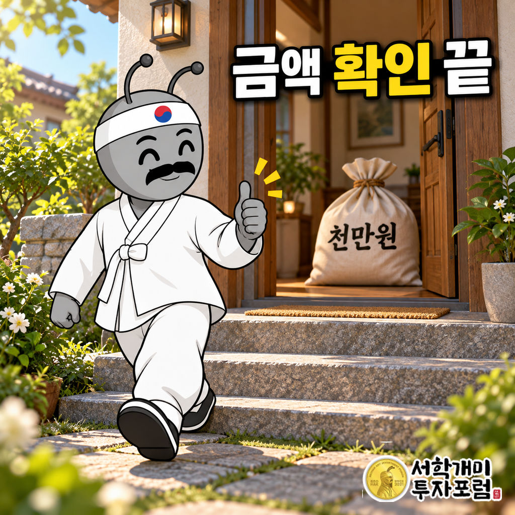 동학개미가 수신인 현관에 천만원 송금 자루를 안전하게 전달한 뒤 엄지를 들고 계단을 내려오는 장면