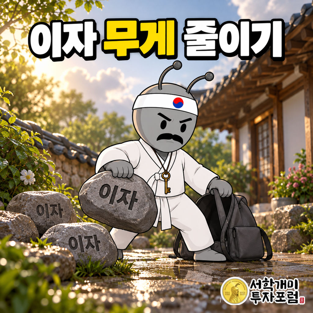 비 갠 집 앞 마당에서 동학개미가 배낭의 이자 돌을 꺼내 내려놓으며 상환을 준비하는 장면