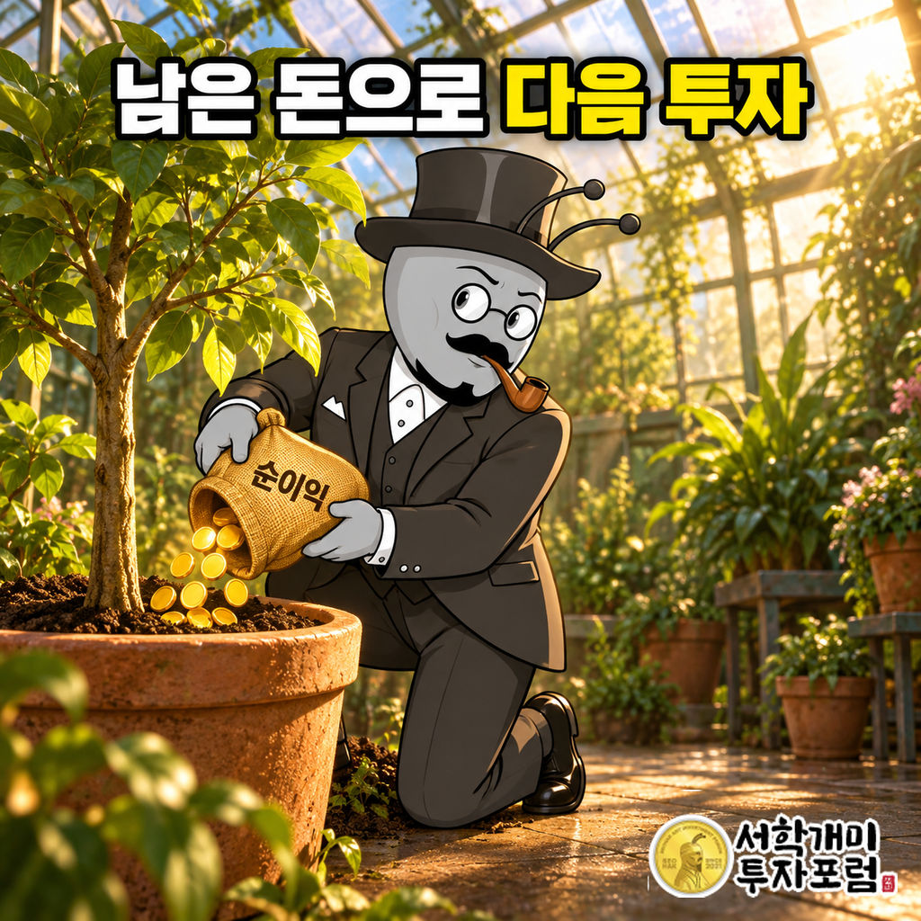 서학개미가 햇빛이 비치는 온실에서 순이익 자루의 금빛 토큰을 나무 화분에 붓는다.
