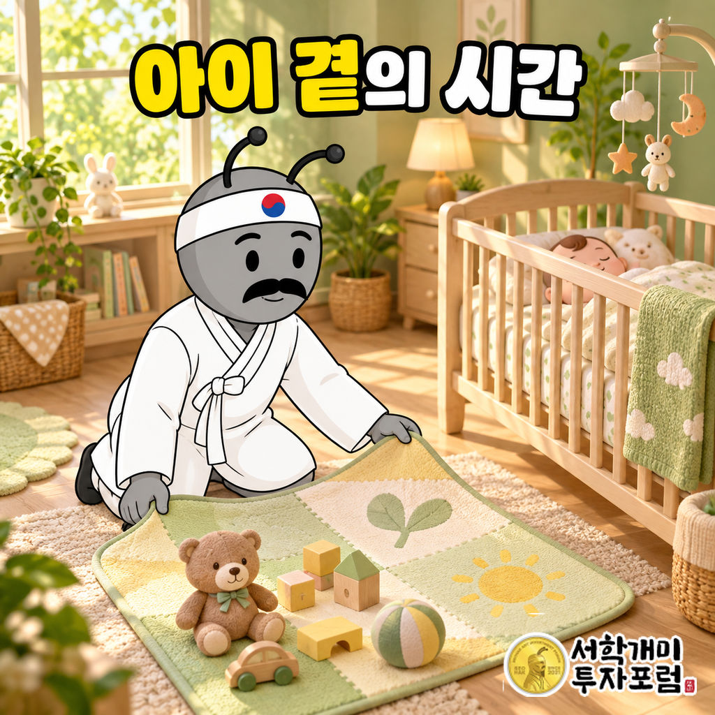 동학개미가 햇살이 들어오는 집 아기방에서 아기 침대 곁에 놀이 매트를 펼치며 함께할 시간을 준비하는 장면