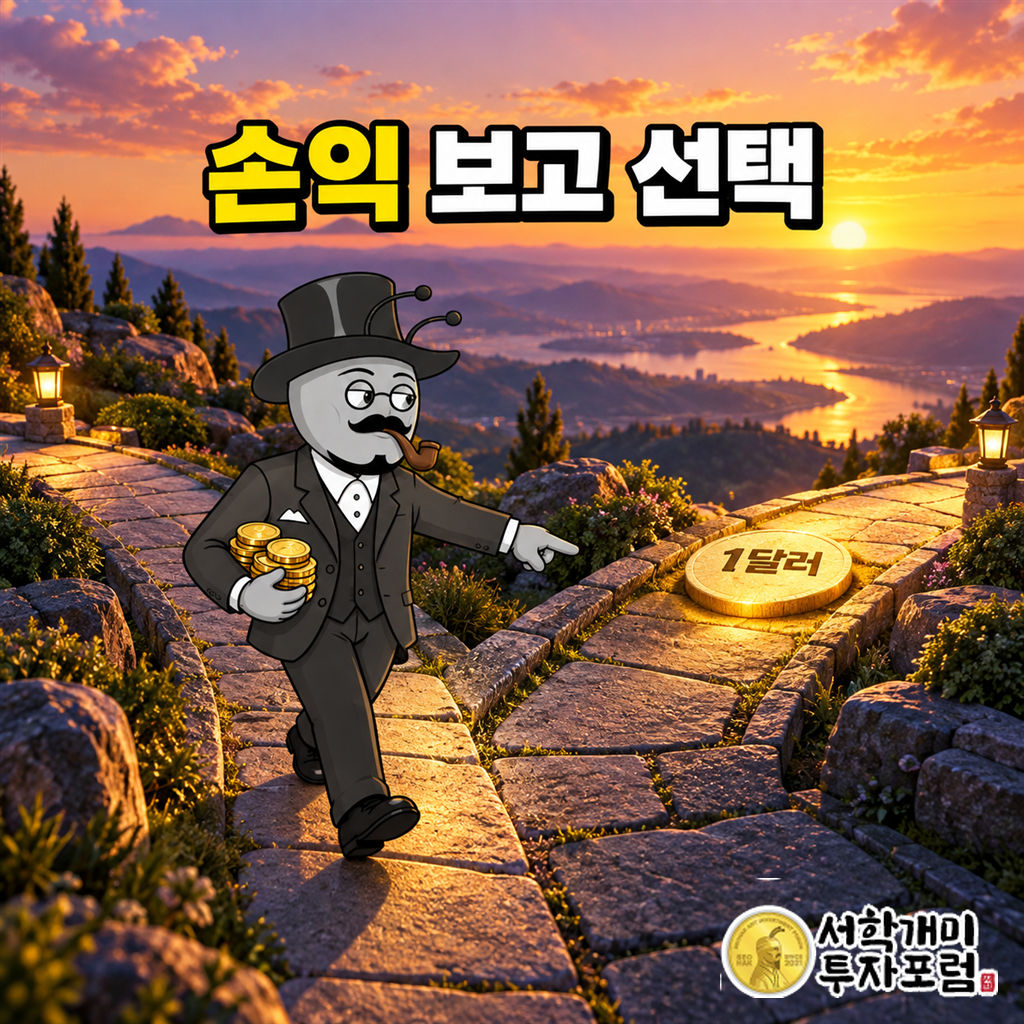 서학개미가 노을빛 석조 산책로 갈림길에서 손익 동전을 들고 다음 골드 발판을 가리키며 선택한다.