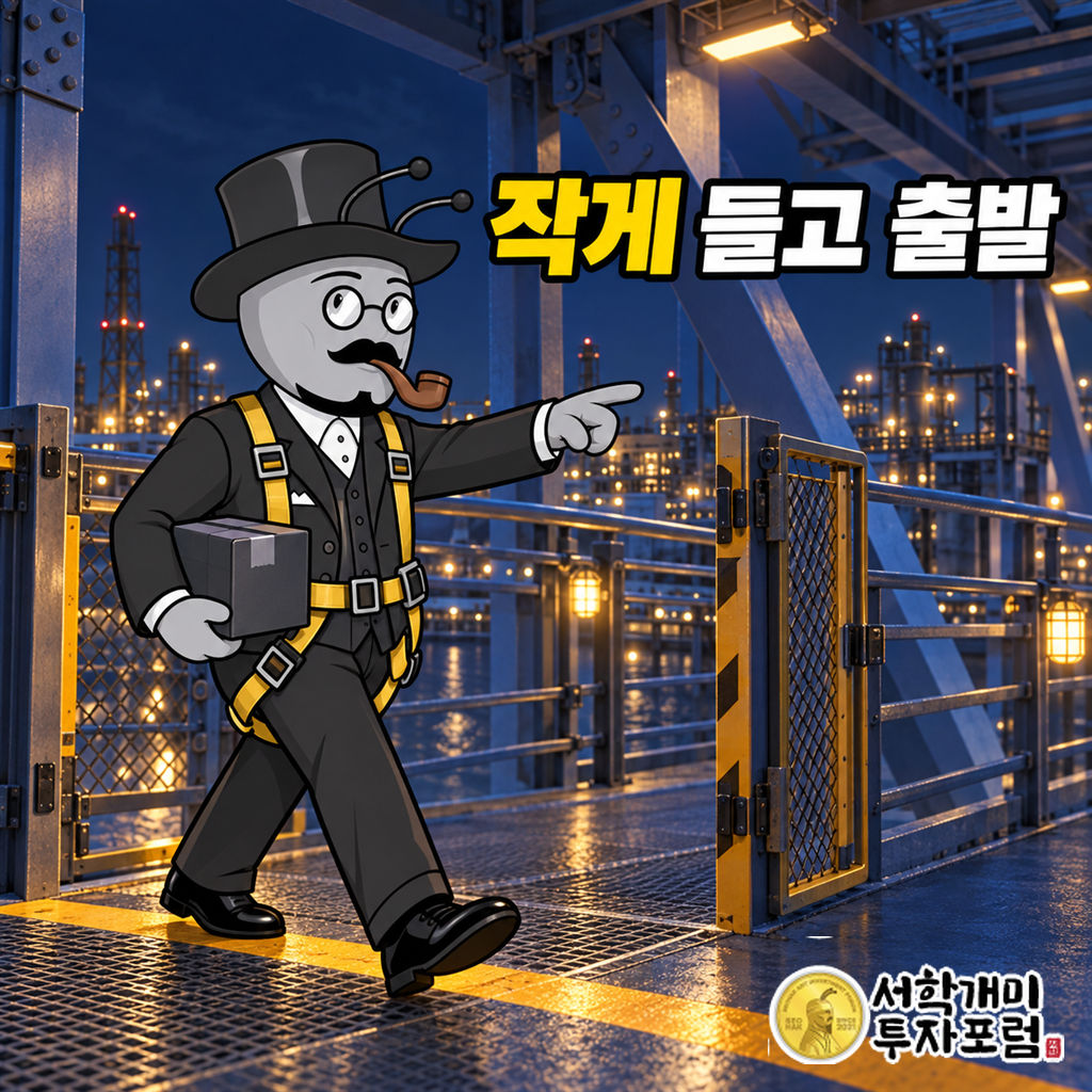안전 하네스를 착용한 서학개미가 작은 주문 짐을 들고 야간 연결 통로의 안전선을 넘어 출발하는 장면
