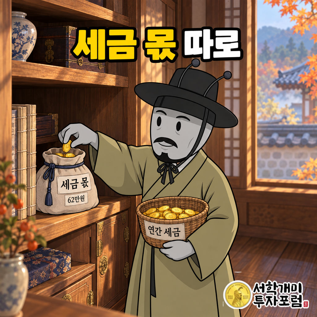 양반개미가 집 안 수납장 앞에서 연간 세금 바구니의 동전을 세금 몫 주머니에 따로 챙기는 장면