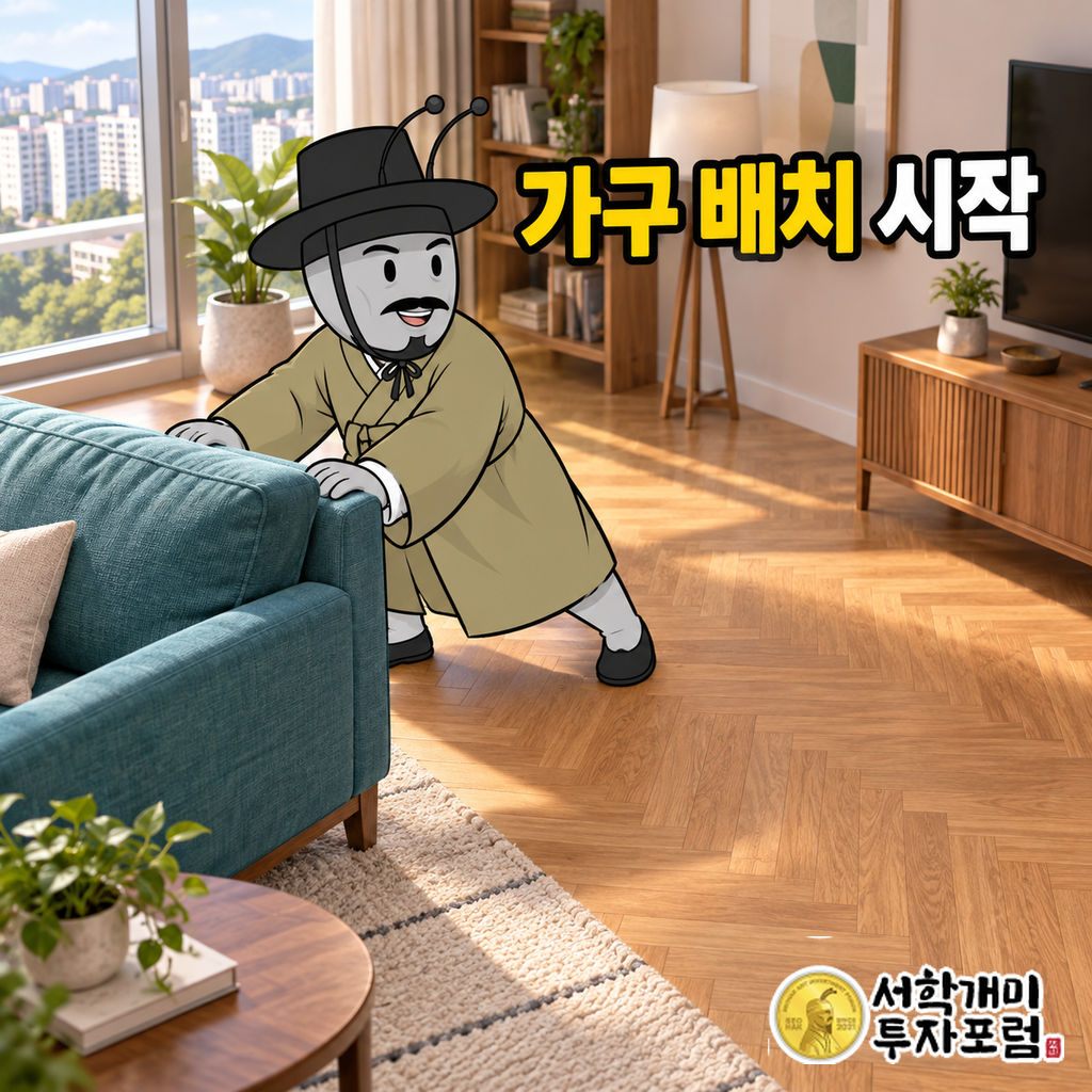 양반개미가 햇빛이 드는 새 아파트 거실에서 소파를 밀어 가구 배치를 시작하는 장면