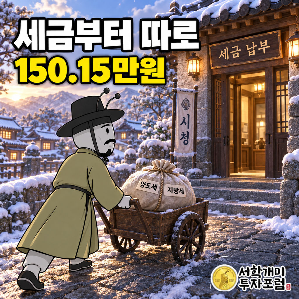 양반개미가 눈 덮인 돌길에서 양도세와 지방세 자루를 실은 수레를 납부처로 밀고 갑니다.