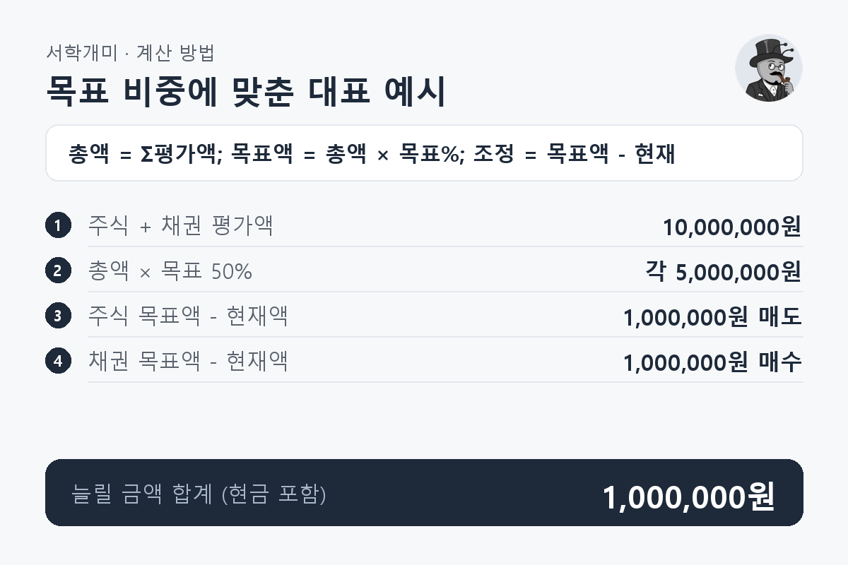 주식 6,000,000원과 채권 4,000,000원을 각각 목표 50%로 맞춰 주식 1,000,000원을 줄이고 채권 1,000,000원을 늘리는 계산 과정