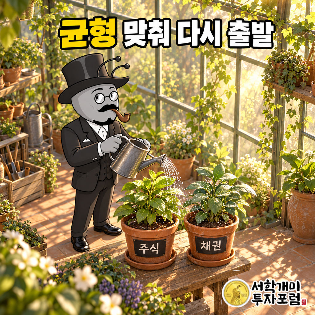 서학개미가 햇빛이 드는 온실에서 주식과 채권 화분에 물을 주며 균형을 관리하는 장면