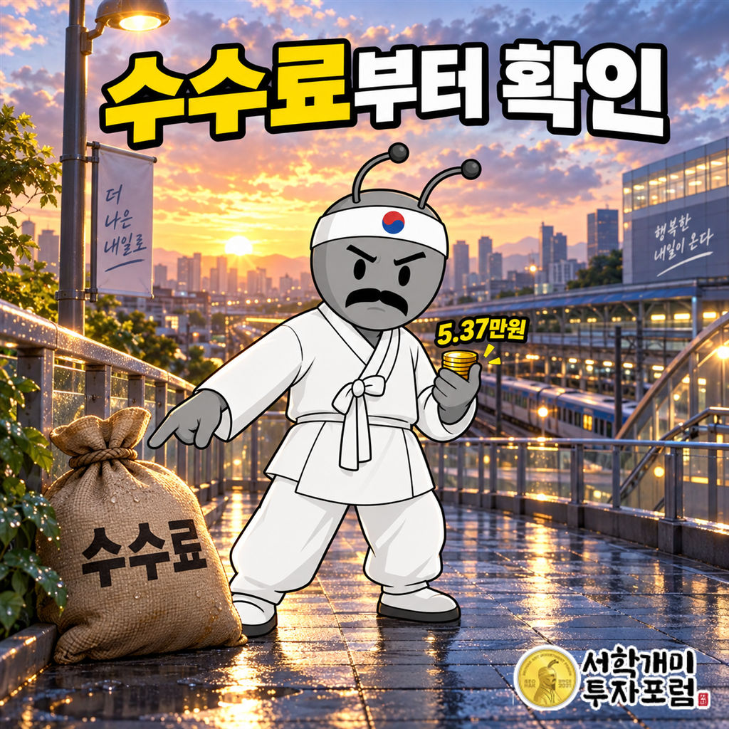 비 갠 새벽 보행교에서 동학개미가 남은 절감 동전을 쥐고 내려놓은 수수료 짐을 가리키며 다음 선택을 준비하는 장면