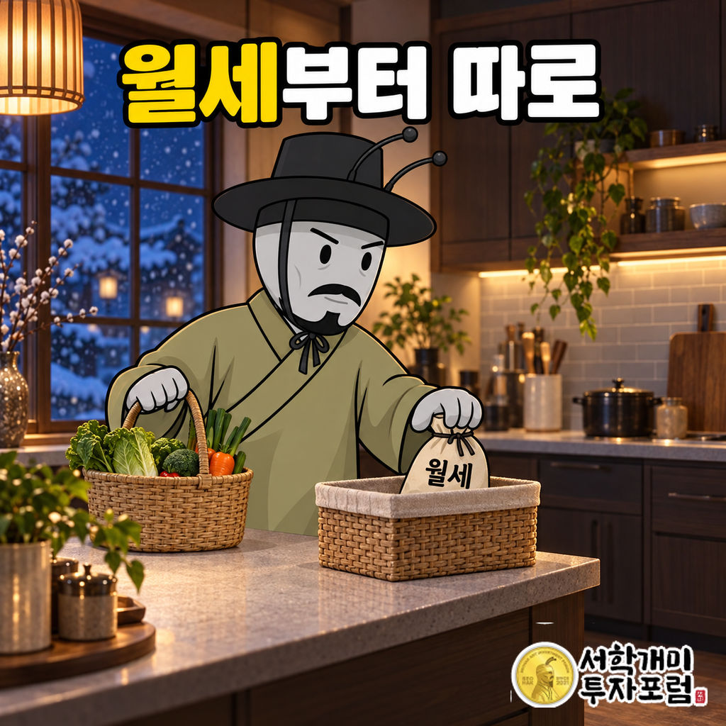 눈 오는 저녁 주방에서 양반개미가 장보기 바구니를 들고 월세 주머니를 별도 바구니에 넣는 장면