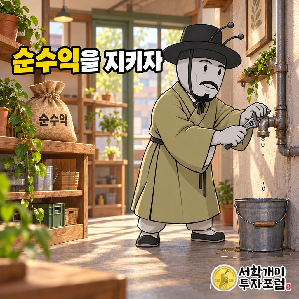 양반개미가 임대 점포 안에서 누수 수도관을 직접 정비하며 남은 순수익을 지키는 장면
