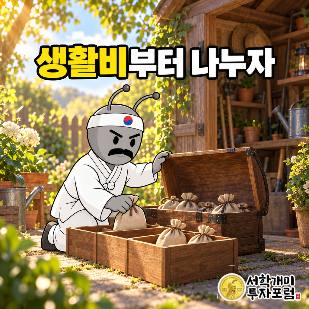 동학개미가 햇살 드는 정원 창고 앞에서 은퇴 생활비 자루를 나무 칸에 나누어 담는 장면