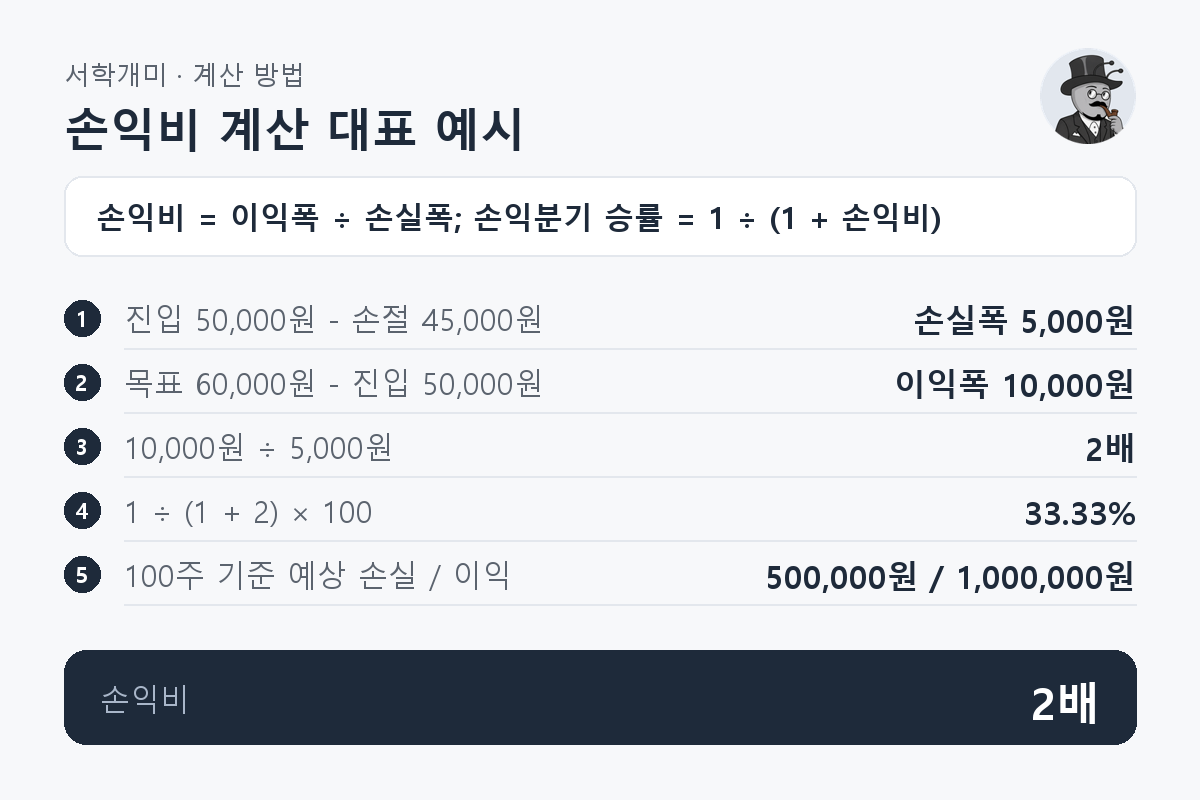 진입가 50,000원에서 손절가 45,000원까지 손실폭 5,000원, 목표가 60,000원까지 이익폭 10,000원을 비교해 손익비 2배와 손익분기 승률 33.33%를 계산하는 과정