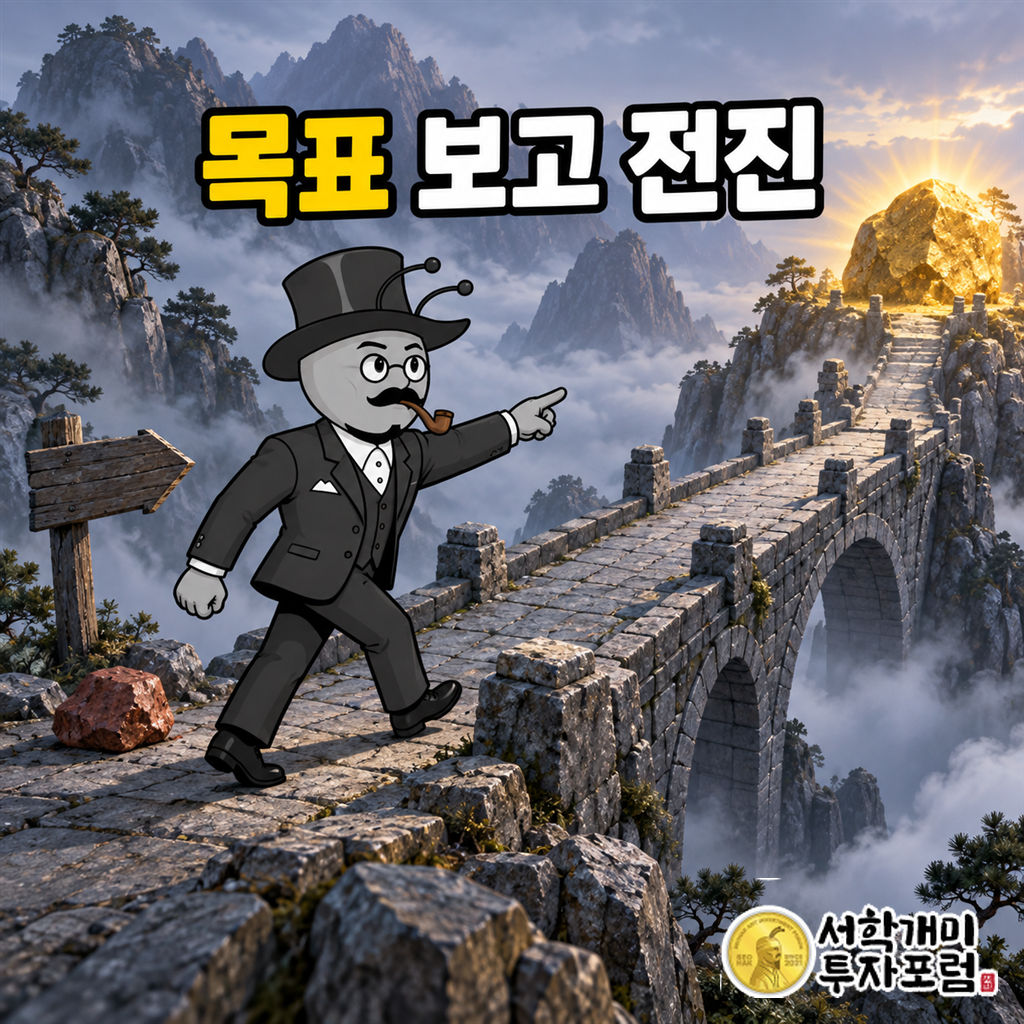 서학개미가 작은 손실 바위를 뒤에 두고 황금빛 목표 바위를 가리키며 안개 낀 돌다리 위로 전진하는 장면