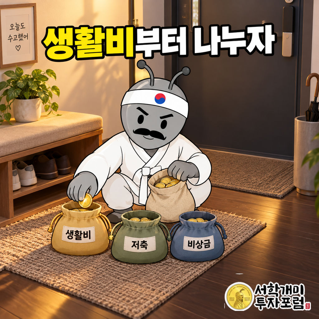 동학개미가 따뜻한 집 현관에서 남은 월급을 생활비·저축·비상금 자루에 나누어 담는 장면