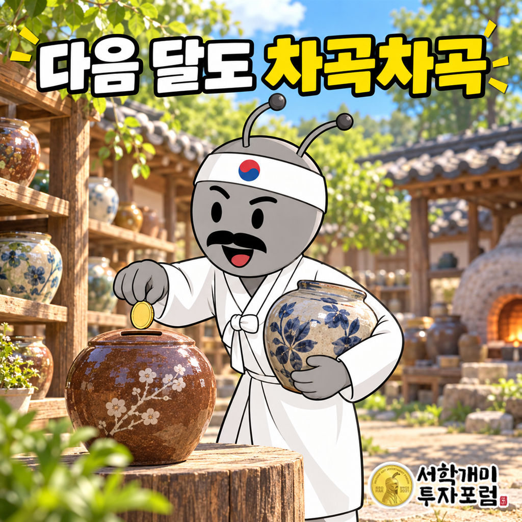 햇살이 비치는 도자기 공방 마당에서 동학개미가 완성된 항아리를 안고 새 저금 항아리에 동전을 넣는 장면
