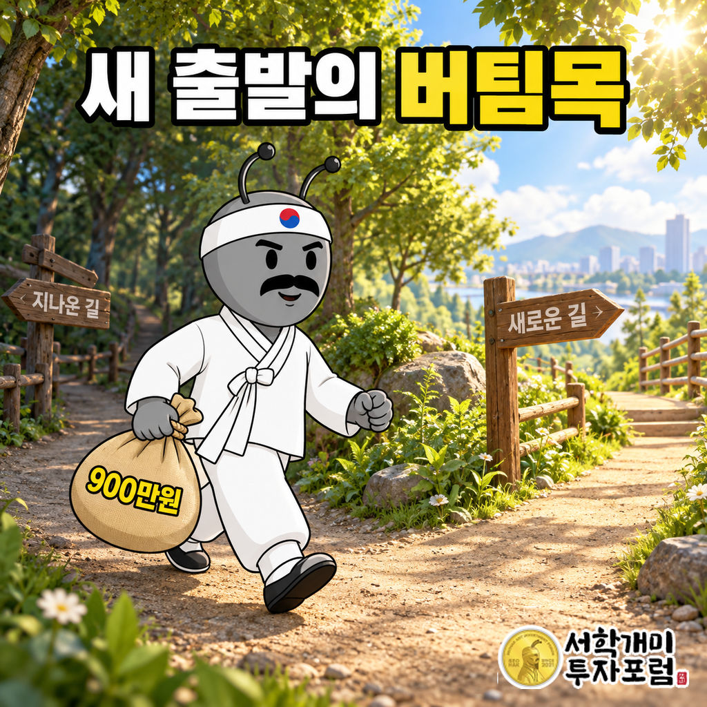 동학개미가 퇴직금 자루를 들고 햇빛이 비치는 공원 갈림길에서 새로운 길로 힘차게 걸어가는 장면