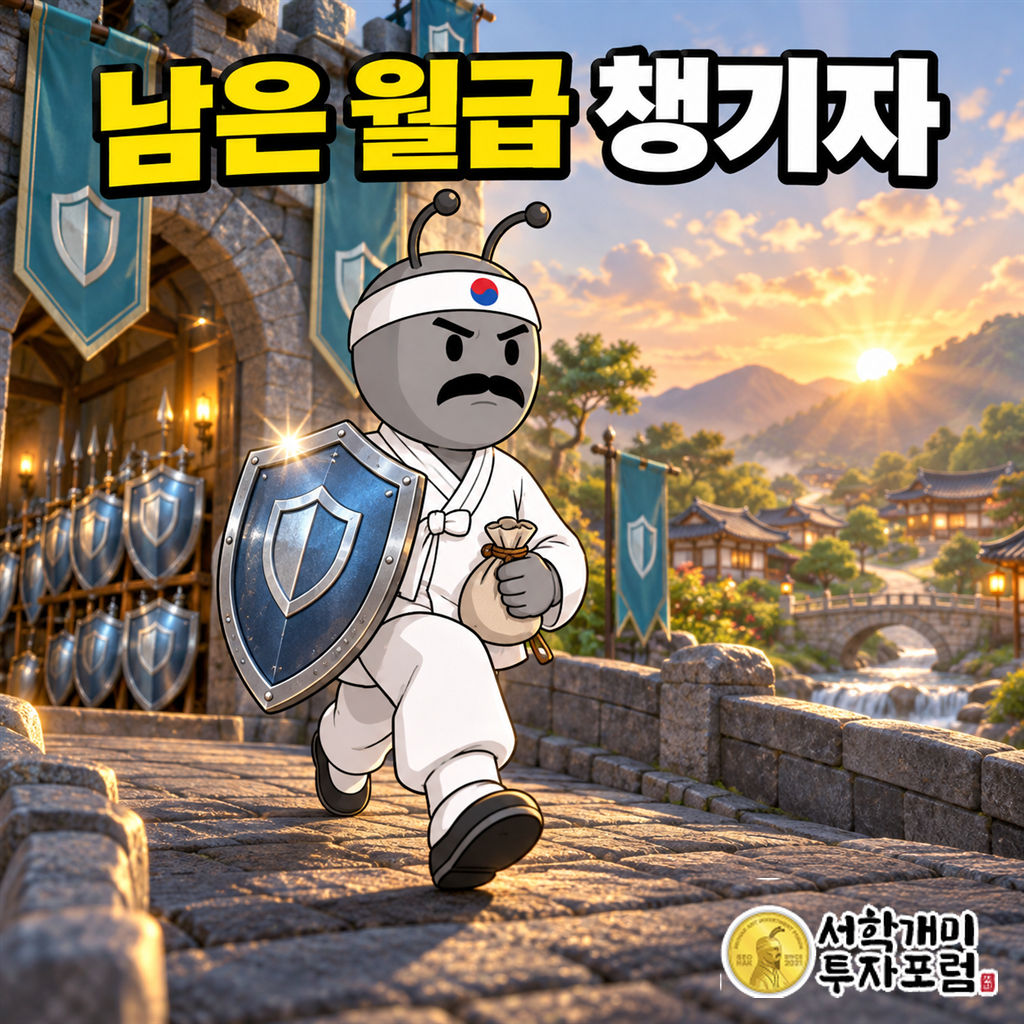 동학개미가 보험 무기고를 나와 남은 월급 자루를 챙기고 방패를 앞세워 돌다리를 건너는 장면