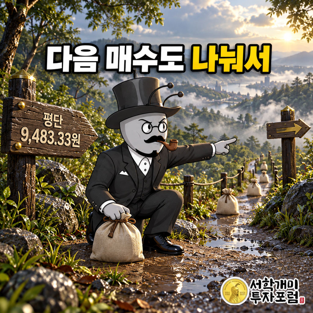 비가 그친 공원 갈림길에서 서학개미가 평단 표지판을 확인한 뒤 주문 자루를 놓고 다음 매수 경로를 가리킨다.