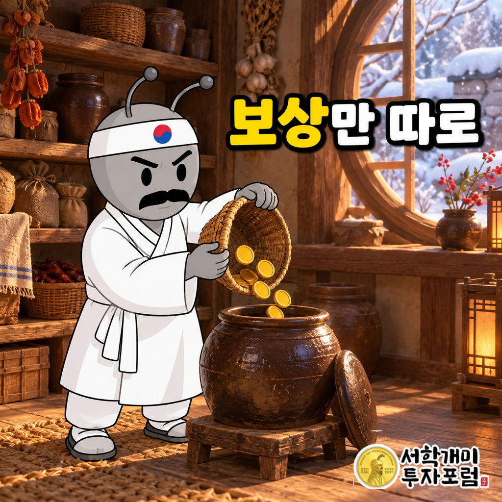 눈 내리는 창밖을 배경으로 동학개미가 실내 보관 공간에서 바구니에 받은 보상 코인을 항아리에 따로 담는 장면
