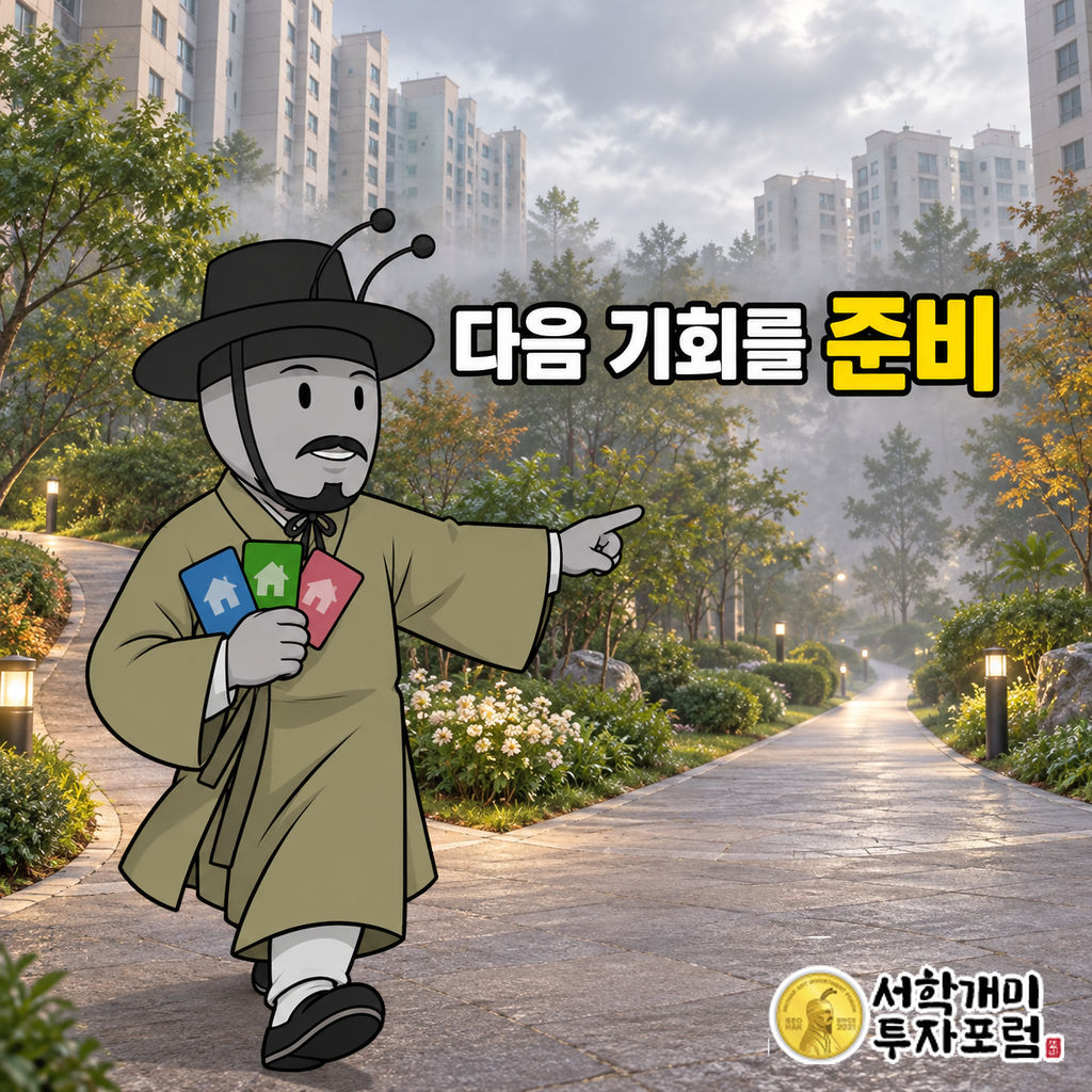 양반개미가 안개 낀 아파트 단지 갈림길에서 배지를 들고 다음 청약 기회를 향해 걸어가는 장면