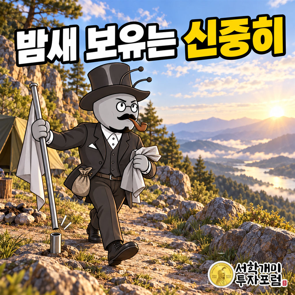 서학개미가 밝은 아침 산길에서 포지션 깃발을 뽑아 거두며 다음 행동을 결정하는 장면