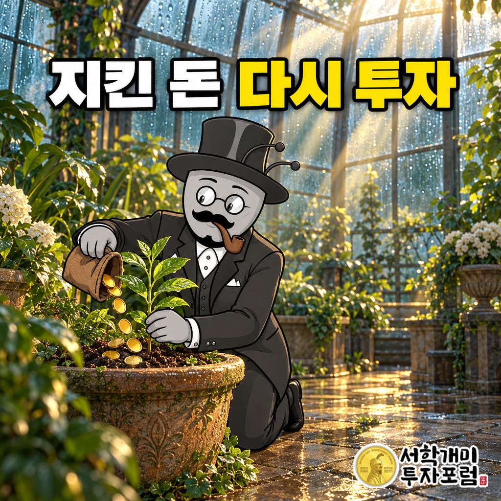서학개미가 비 갠 온실에서 절세로 지킨 동전을 묘목 화분에 보태며 다음 투자를 준비하는 장면