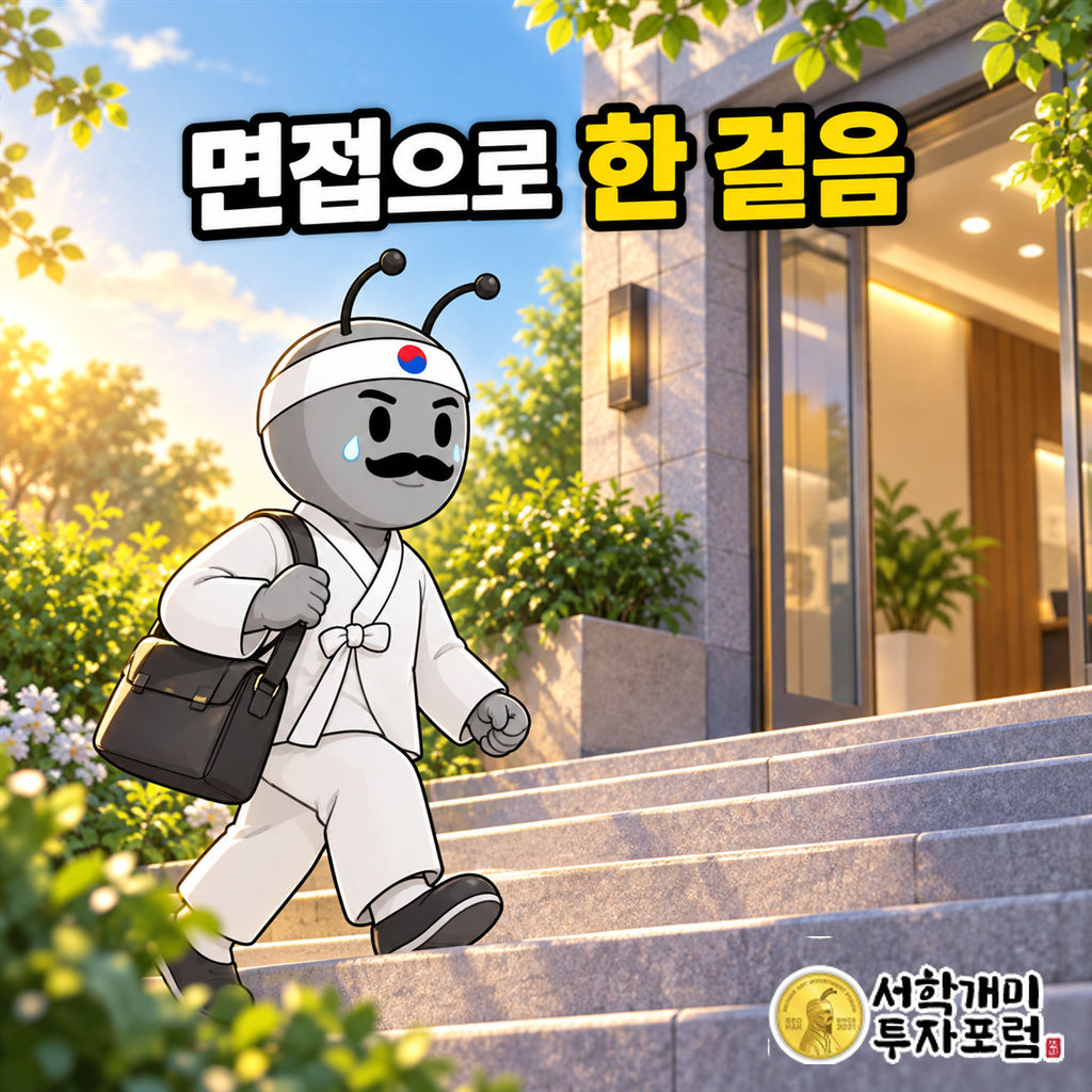동학개미가 구직 가방을 메고 안도의 눈물을 머금은 채 새 일자리 면접장 입구 계단을 오른다.